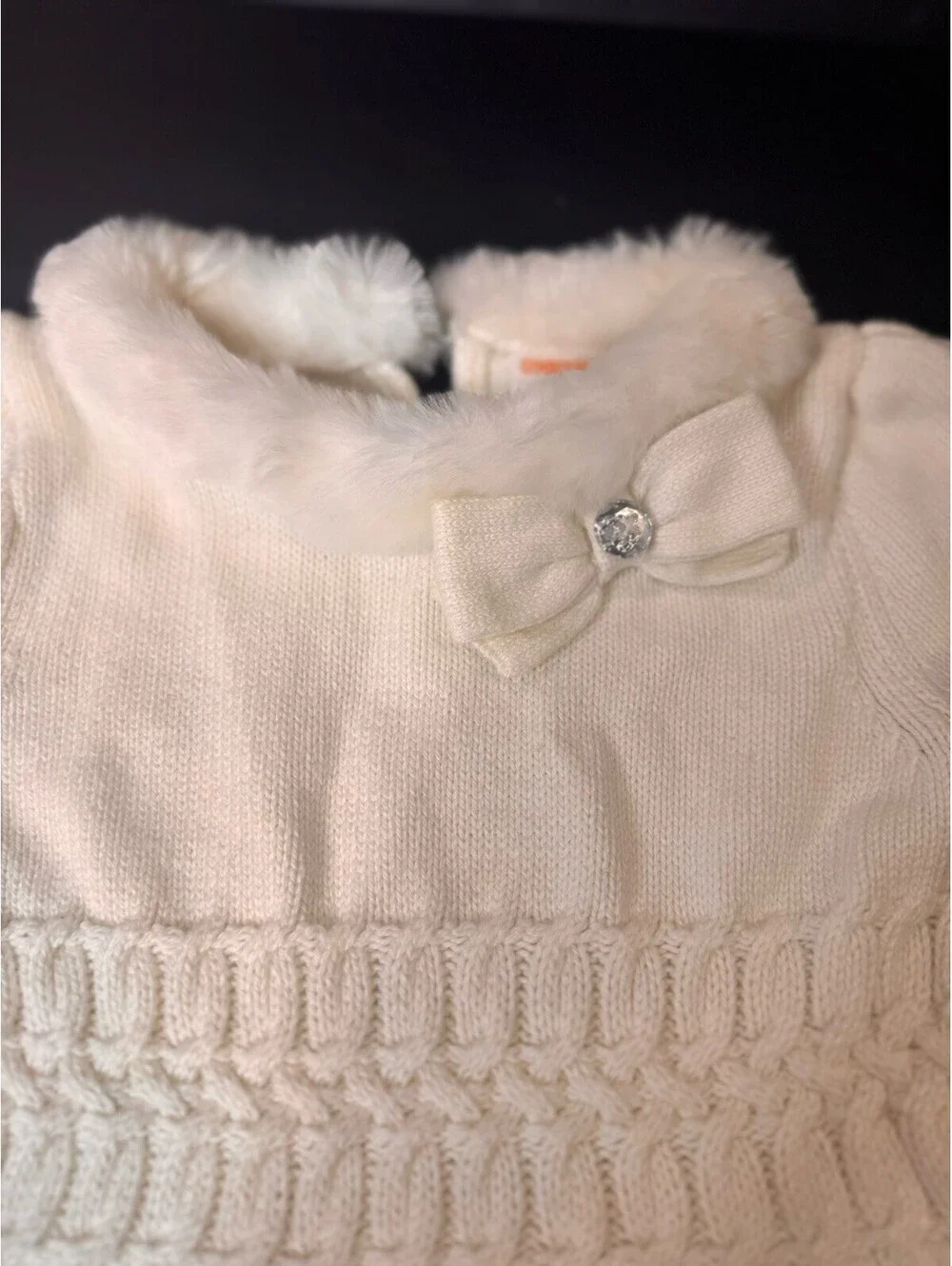 Gymboree Cable Knit Sweater Dress Ivory Girls Sz 4 Fur collar cap sleeve